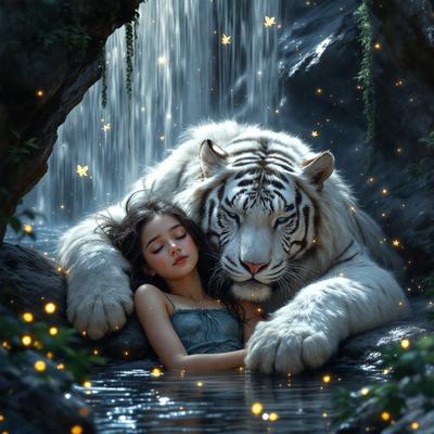 The primary subject of the image is a young girl lying down next to a large white tiger. The scene takes place in a waterfall, with the girl and the tiger surrounded by a serene and natural environment. The visual style of the image is a digital art, creating a unique and captivating scene. The dominant colors in the image are blue and green, which contribute to the overall mood of tranquility and harmony between the girl and the tiger.